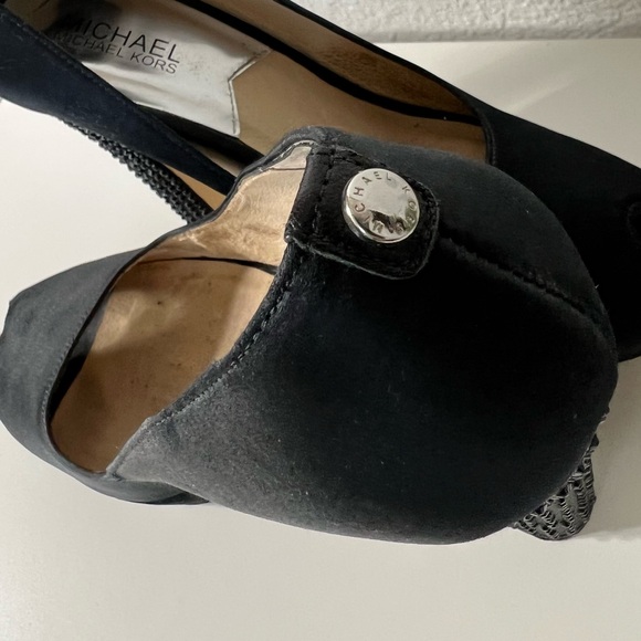 8.5 Michael Kors Satin Rhinestone Studded Heel Woman's Peep Toe Black Shoe Pumps - Picture 4 of 12